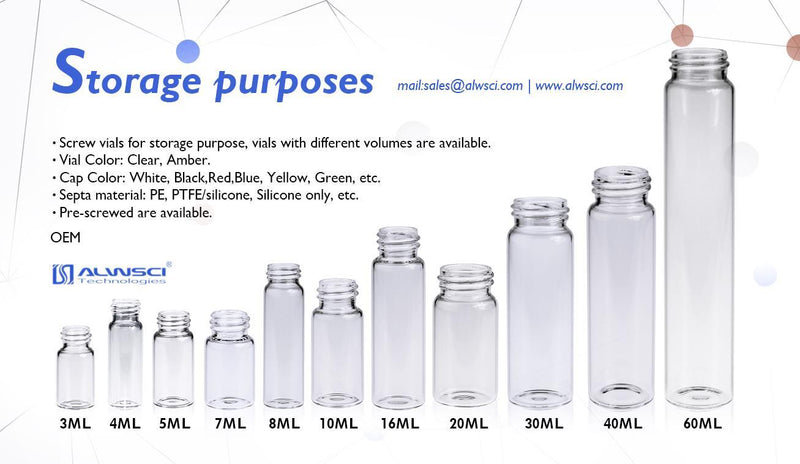 ALWSCI 22ml clear glass sample vial 23x85mm screw thread C0001222 with black clased top PP caps with silicone septa C0001224