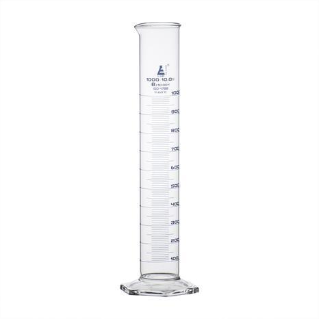 Eisco 1000ml glass Cylinder measuring graduated, cap, class B, Hex base with spout, borosilicate glass, blue graduation CH0354F