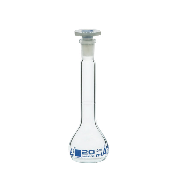 Eisco Flask Volumetric class 'A', cap. 20ml, socket size 10/19, borosilicate glass, blue printing (CH0446B01)