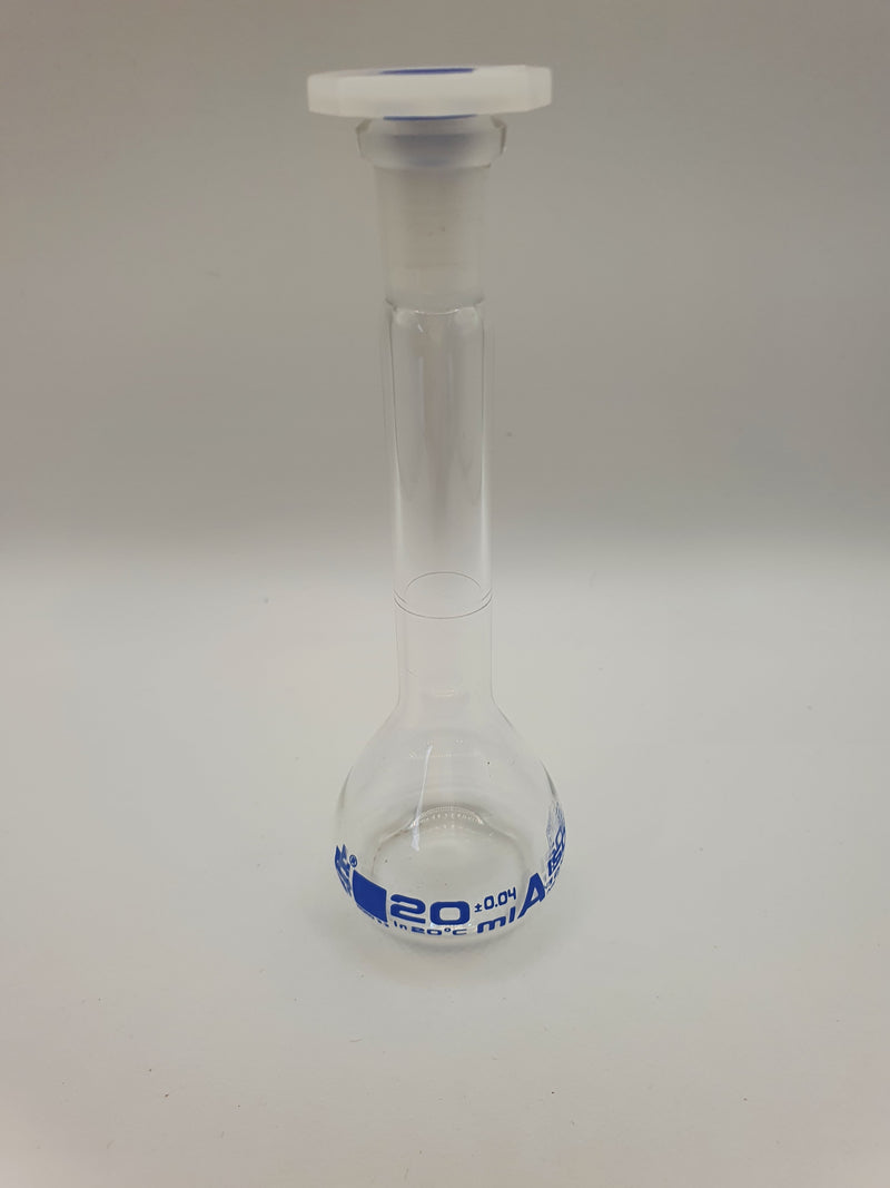 Eisco Flask Volumetric class 'A', cap. 20ml, socket size 10/19, borosilicate glass, blue printing (CH0446B01)