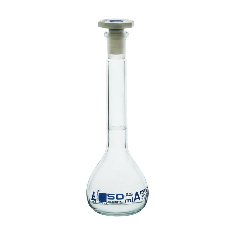 Eisco Flask Volumetric class 'A', cap. 50ml, socket size 12/21, borosilicate glass, blue printing (CH0446D)