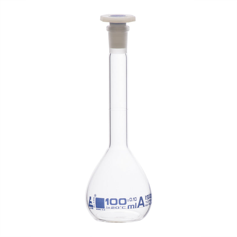 Eisco Flask Volumetric class 'A', cap. 100ml, socket size 14/23, borosilicate glass, blue printing (CH0446E)