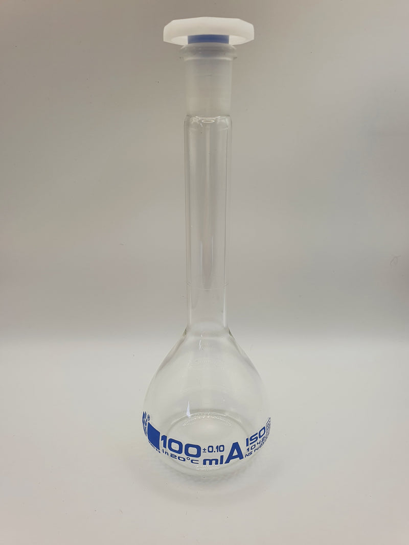 Eisco Flask Volumetric class 'A', cap. 100ml, socket size 14/23, borosilicate glass, blue printing (CH0446E)