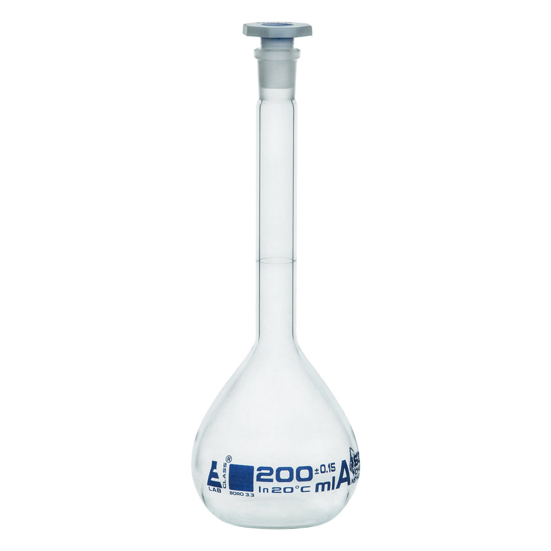 Eisco Flask Volumetric class 'A', cap. 200ml, socket size 14/23, borosilicate glass, blue printing (CH0446F)